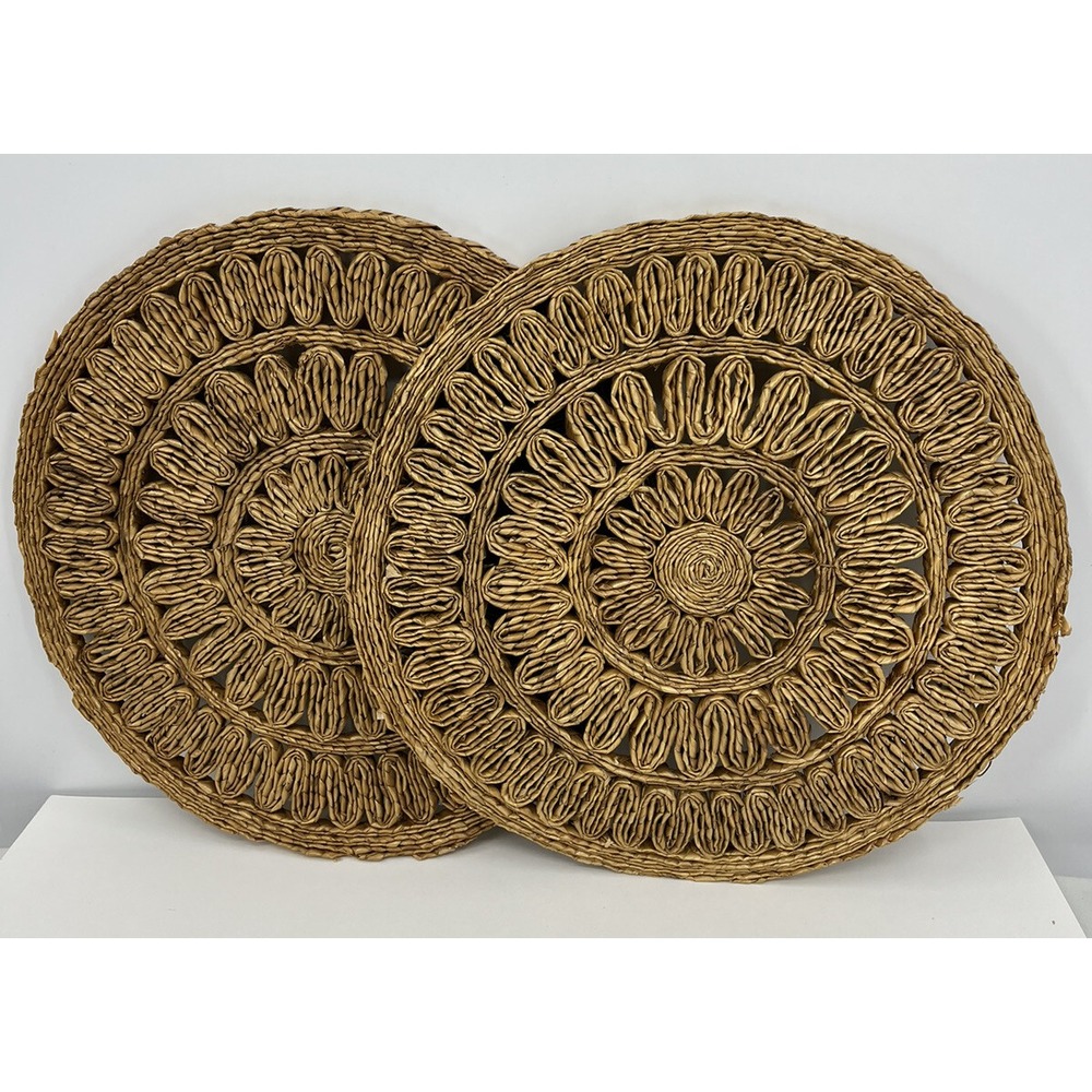 Vintage Pair Of Large Woven Rattan Straw Boho Trivets Placemats 15" Diameter